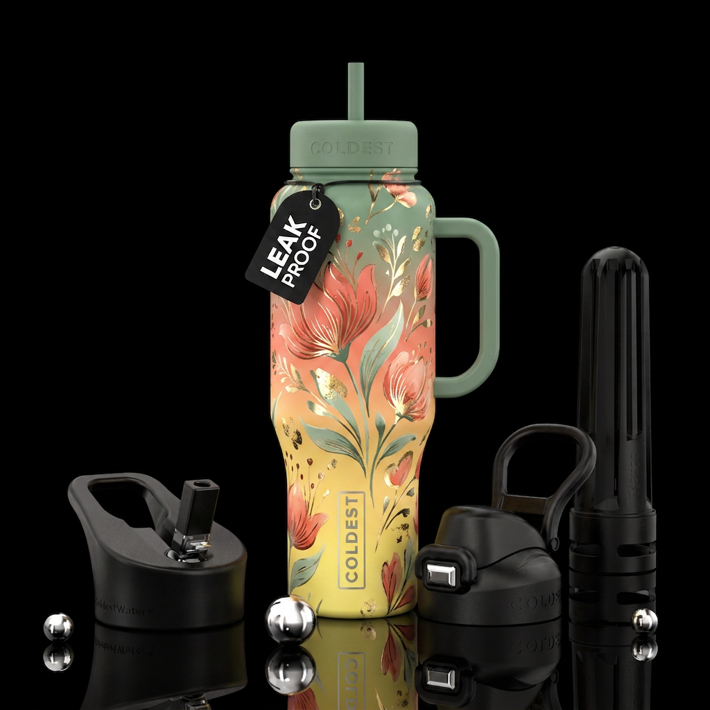 Vintage, bold, Yellow, sage green ombre, coral, de... water bottle design