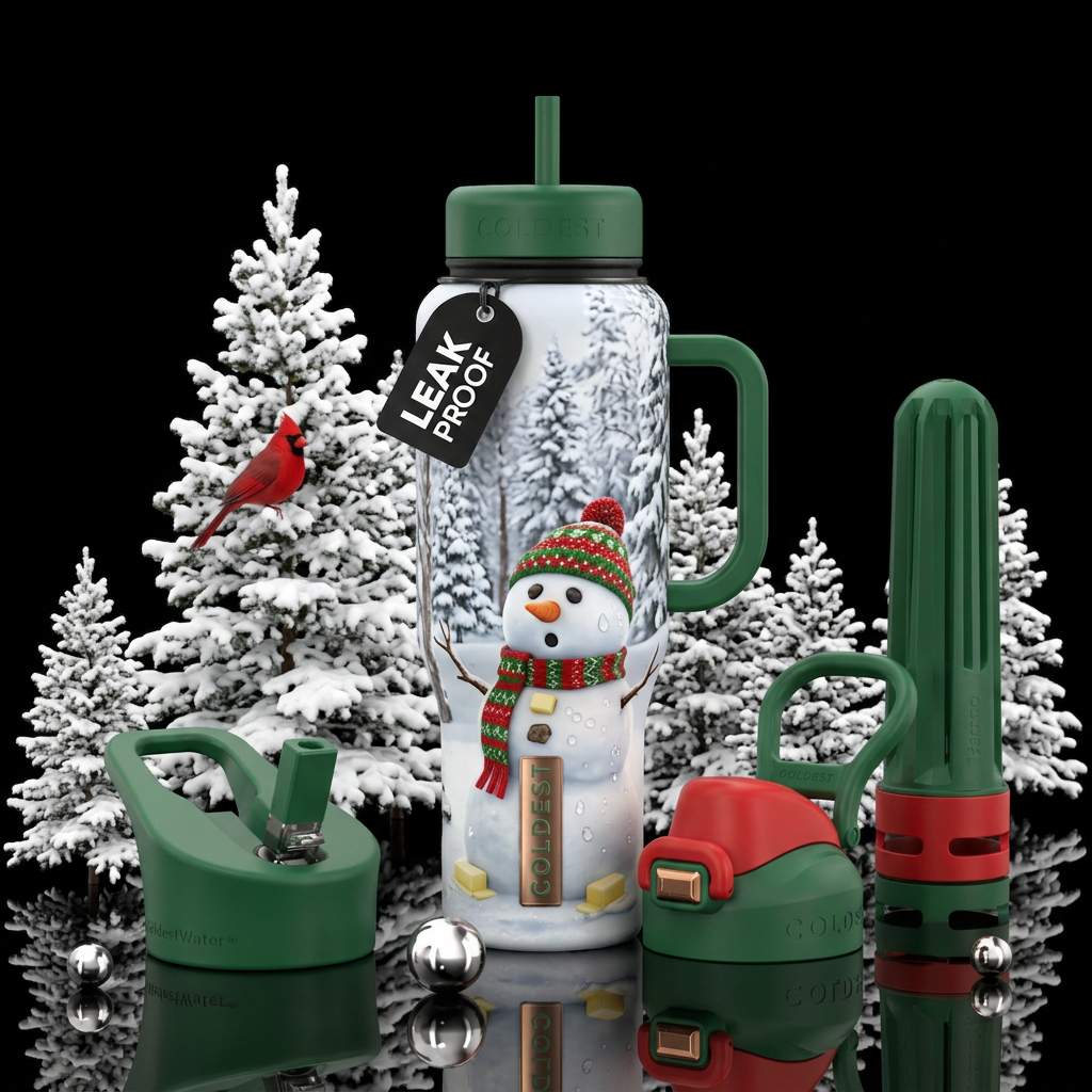 Snowy tress all around, Cardinal in a tree, Snowma... water bottle design