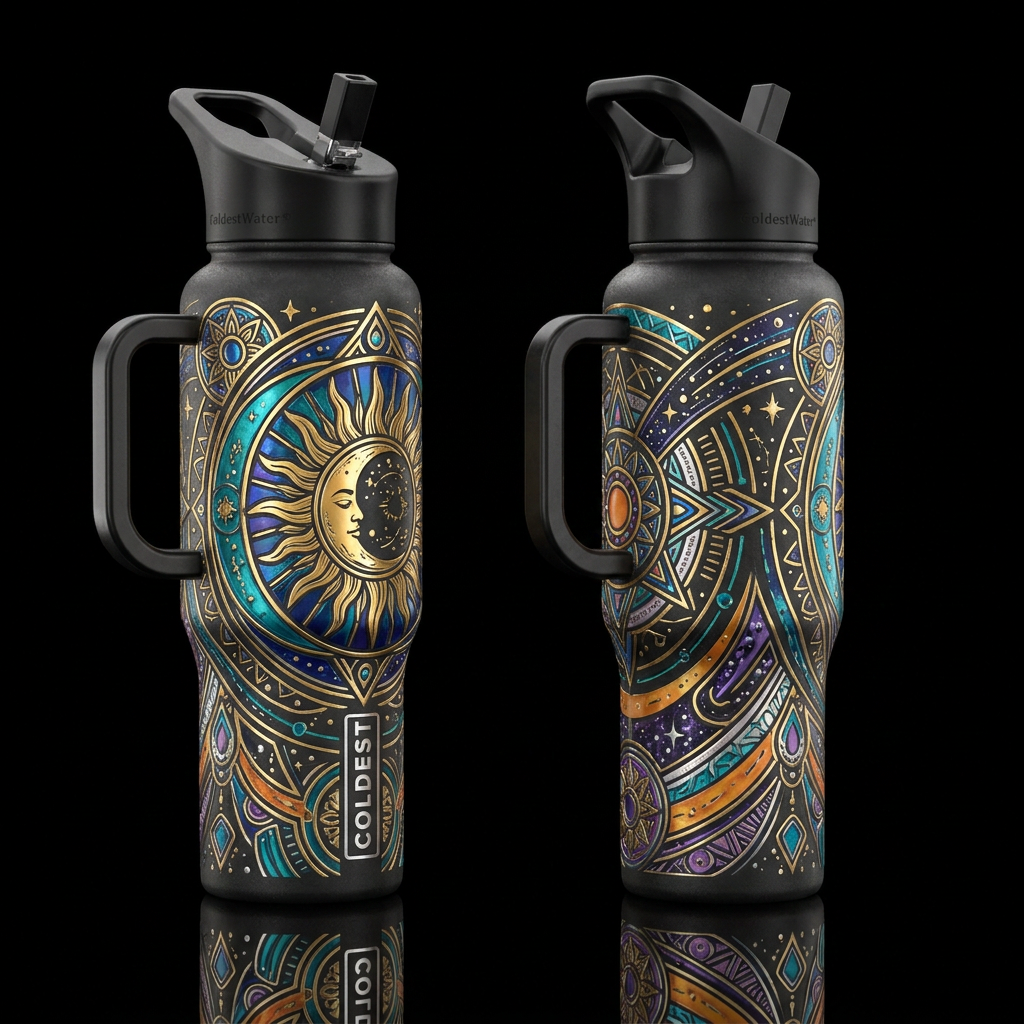 Create epic sun and moon bohemian style bottle, ma... water bottle design