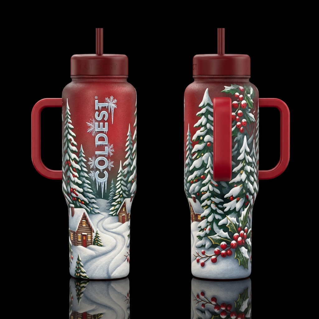 Snowy Christmas water bottle design