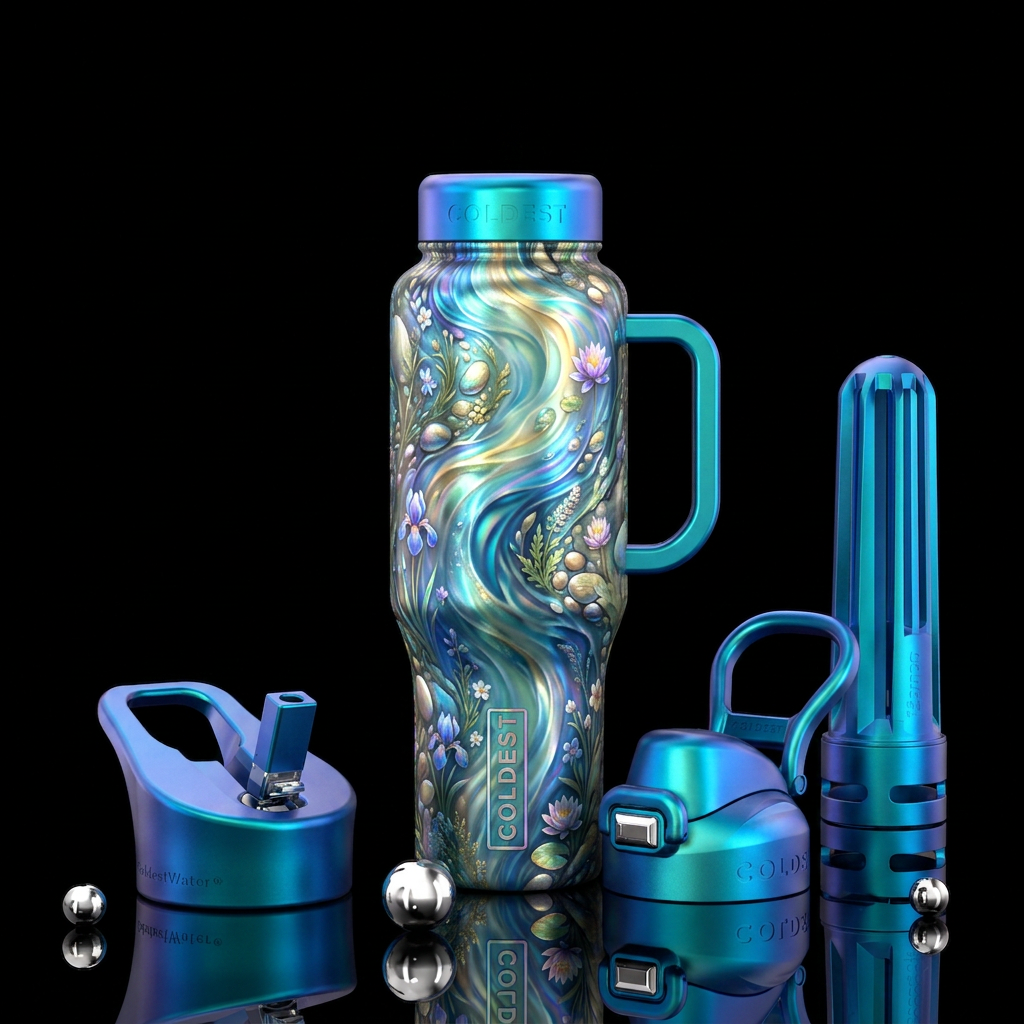Down the Gloeing River water bottle design