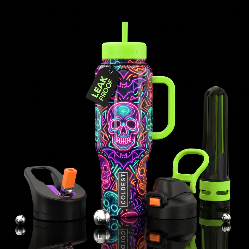 Taytayski Neon Bats and Skulls, neon green lid and... water bottle design