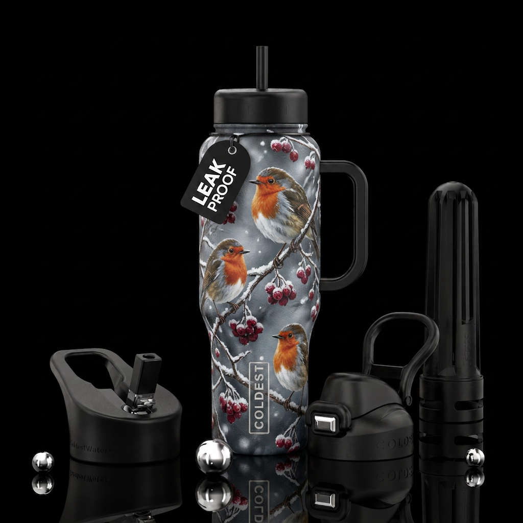 Winter Robins, snowy, small branches with red berr... water bottle design