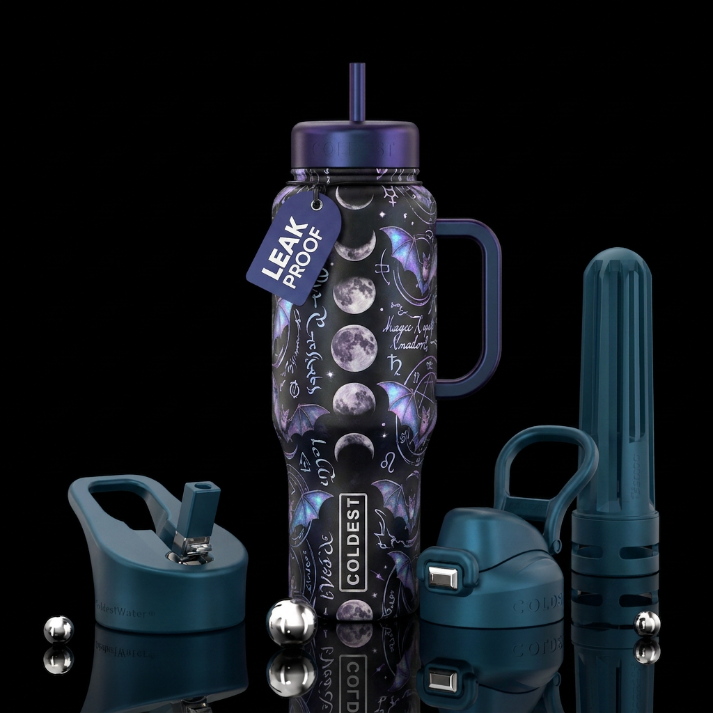 Moon phases, Bats in purple and blue vintage, magi... water bottle design