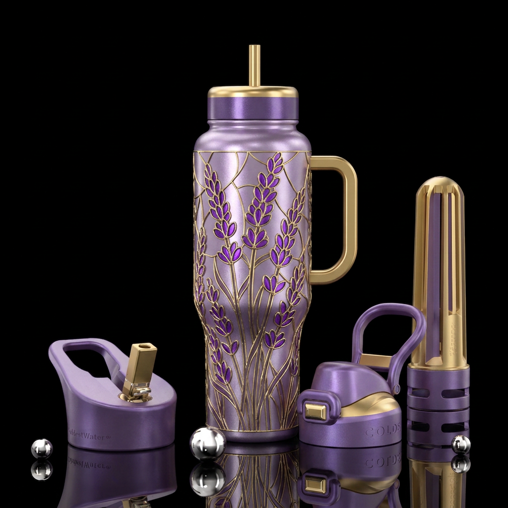 Stained Glass Purple Lavendar, gold stems and outl... water bottle design