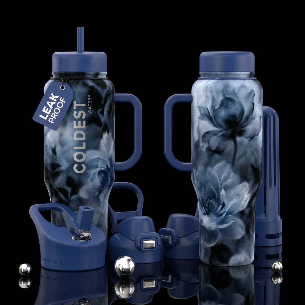 Misty sapphire floral water bottle design