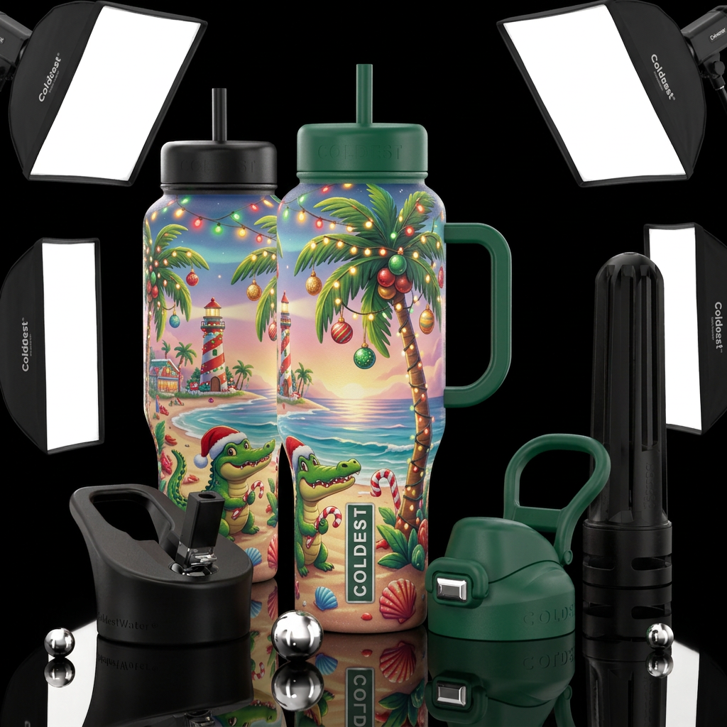 Show me the most epic Christmas in Florida scene water bottle design
