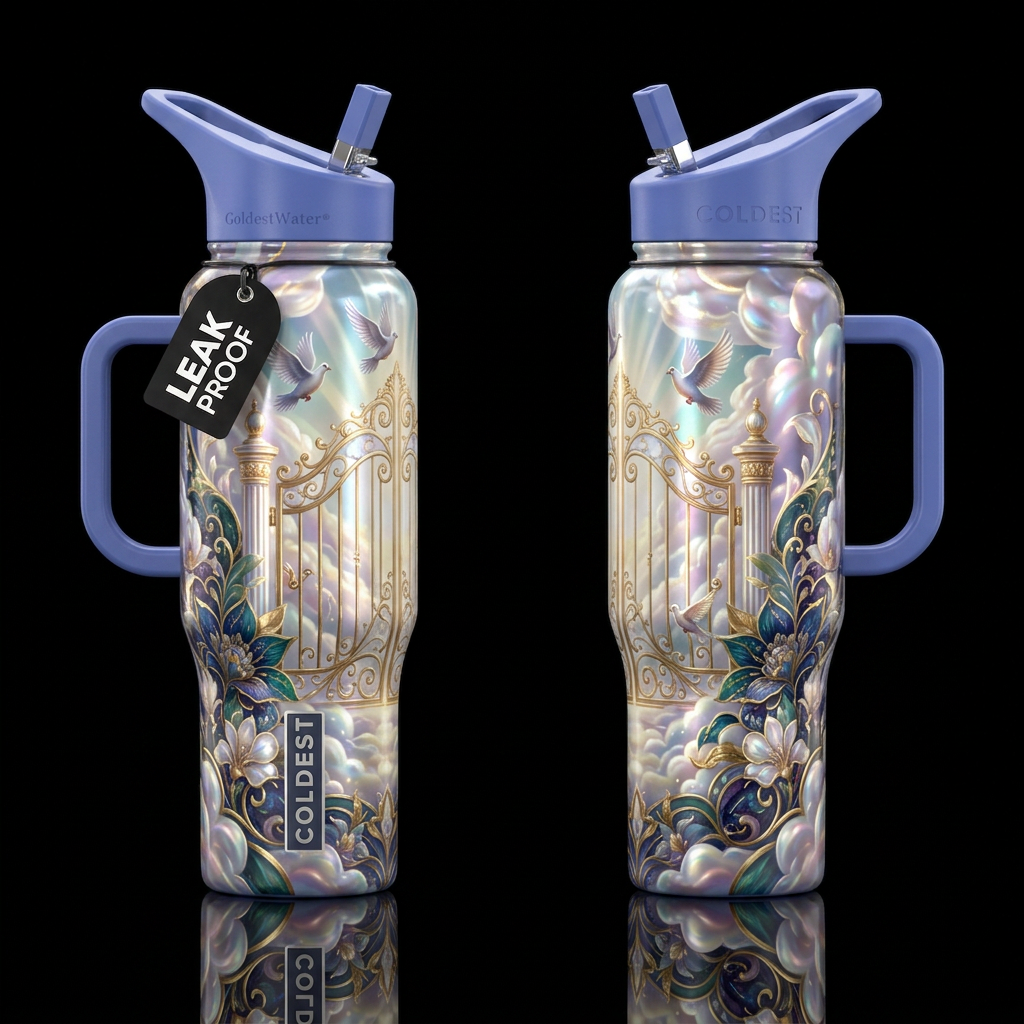 Gates to Heavens Doors, glossy, doves, heavenly fl... water bottle design