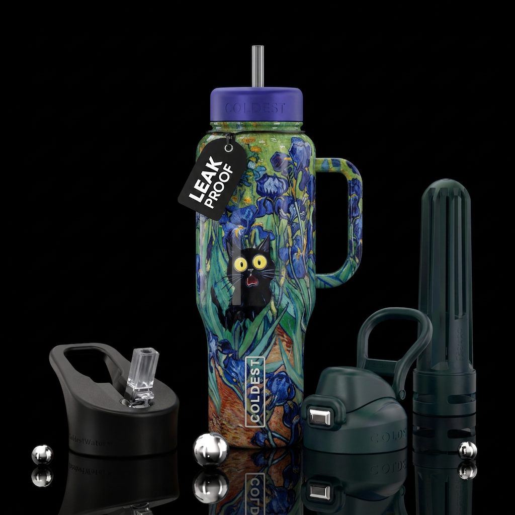 Shocked black cat in Irises by Van Gogh water bottle design