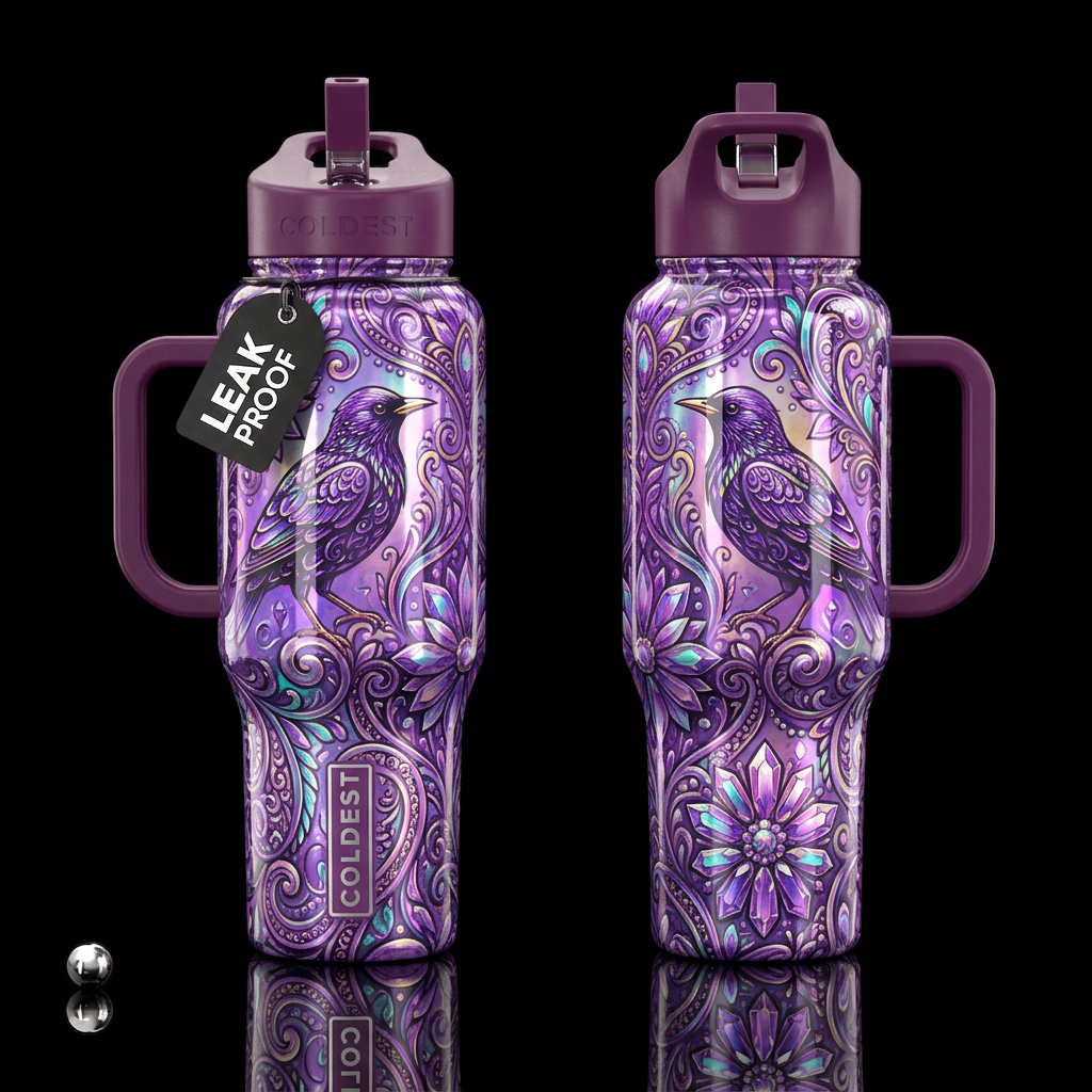 Purple gem starling, bohemian, vintage, glossy, ab... water bottle design