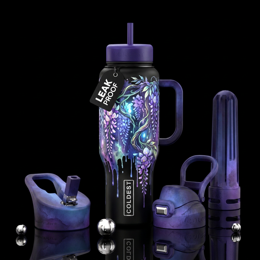 wisteria, glowie, shiny, vibrant, whimsical, luxur... water bottle design