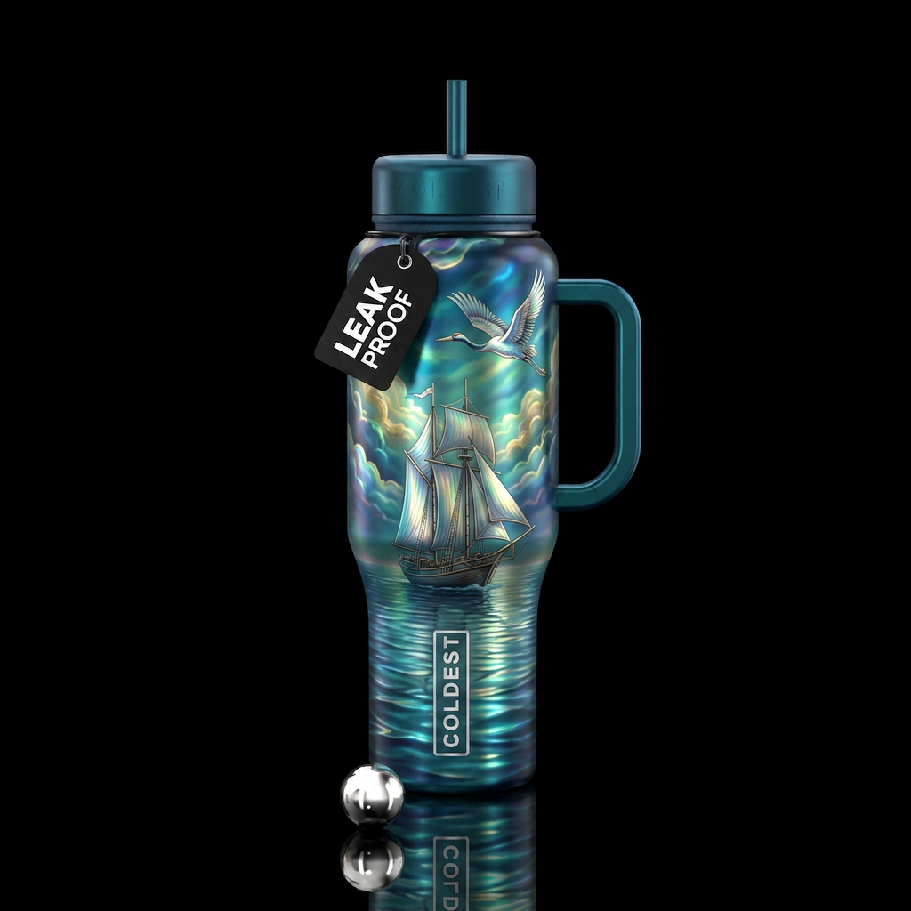 calm waters, alluring, sailboat, crane flying, shi... water bottle design