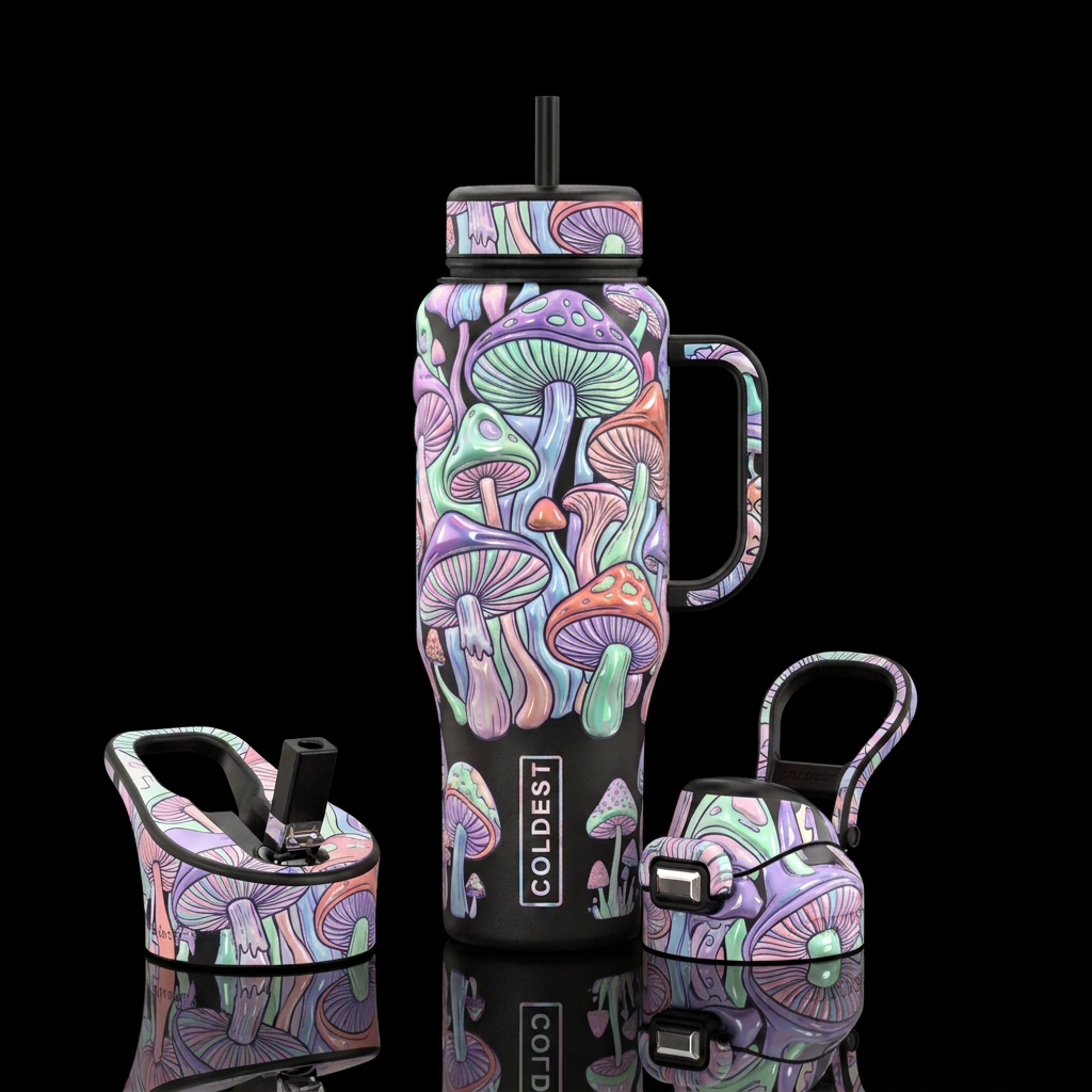 Shiny Mushroom madness, pastel colors, psychedelic... water bottle design