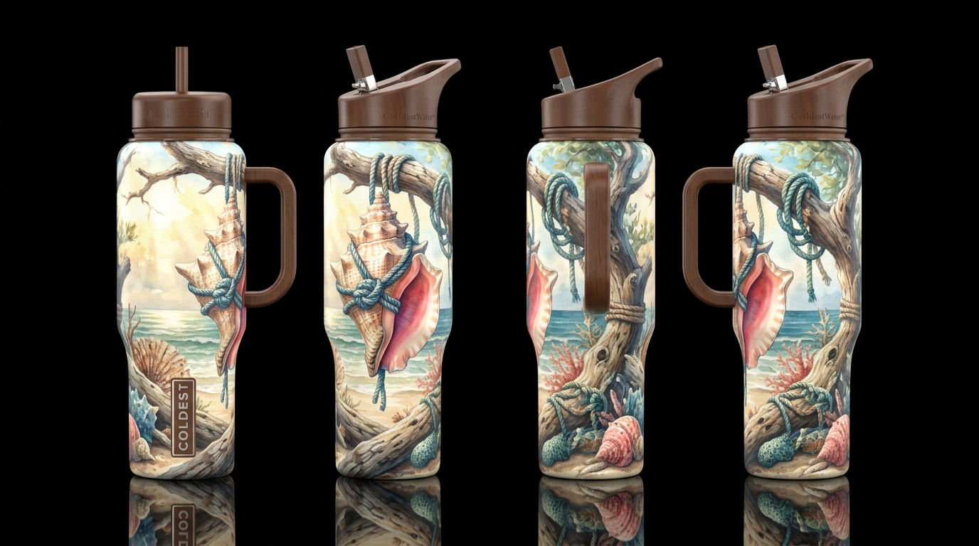 Coastal bohemian nautical conch water bottle design