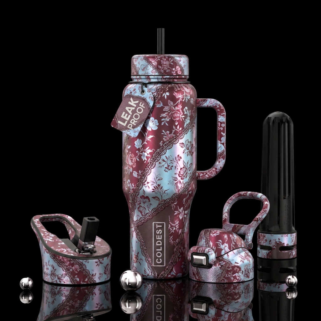Red and blue patchwork, water bottle design
