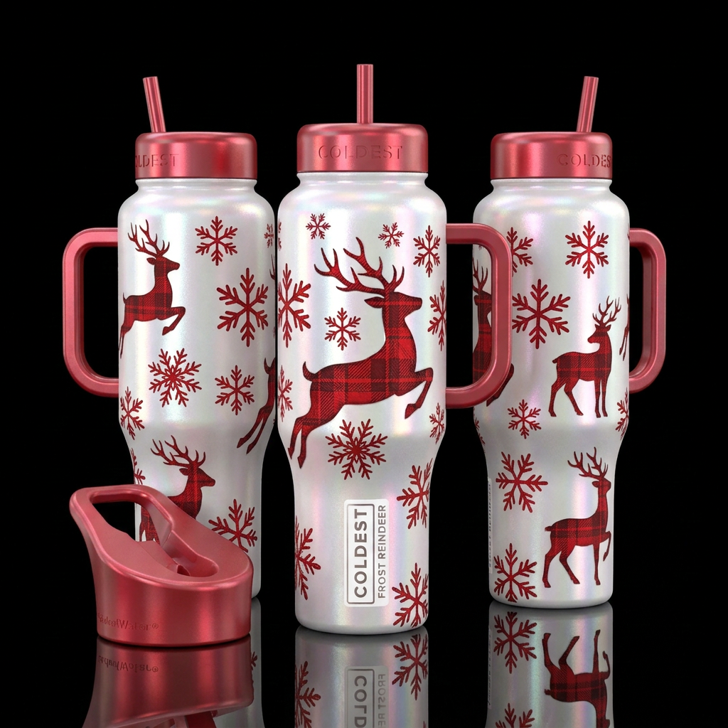 Red Plaid reindeer water bottle design