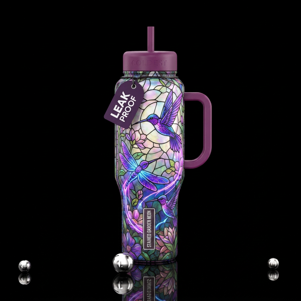 Purple neon dragonfly water bottle design