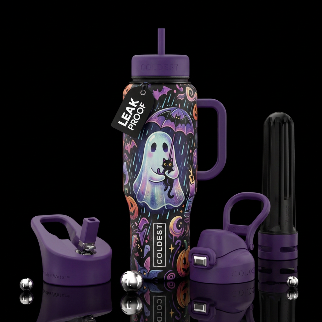 Ghost in the rain holding a black cat with a bat u... water bottle design