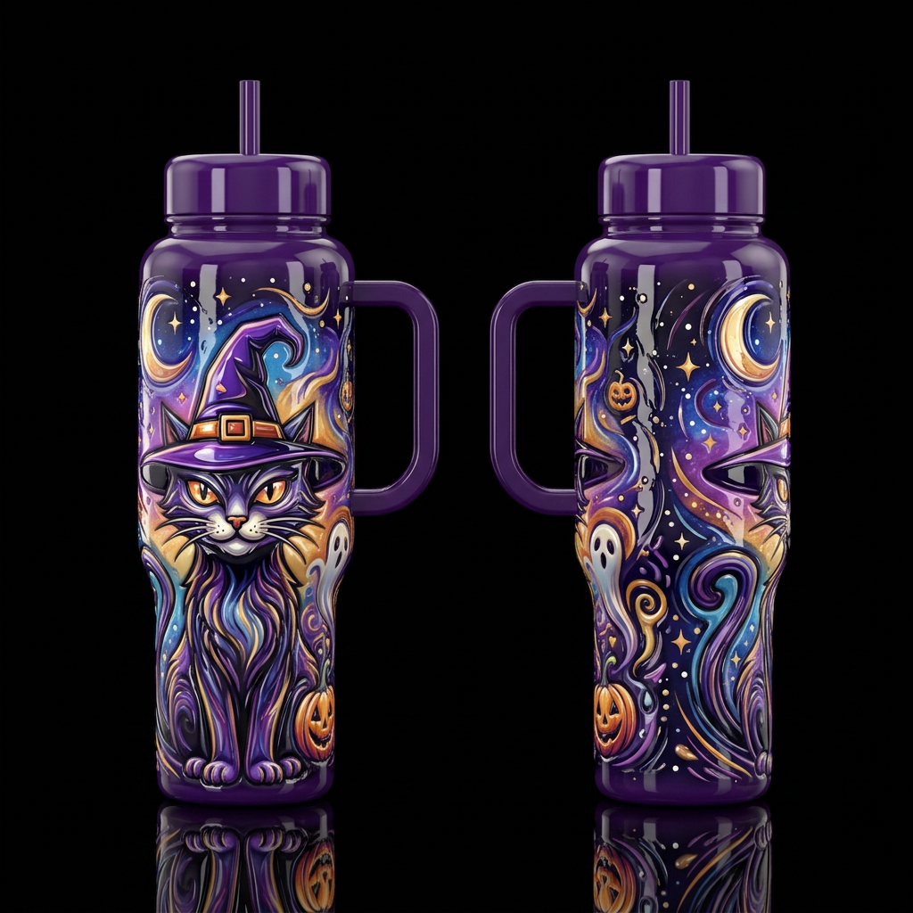 Scary Witch Cat water bottle design