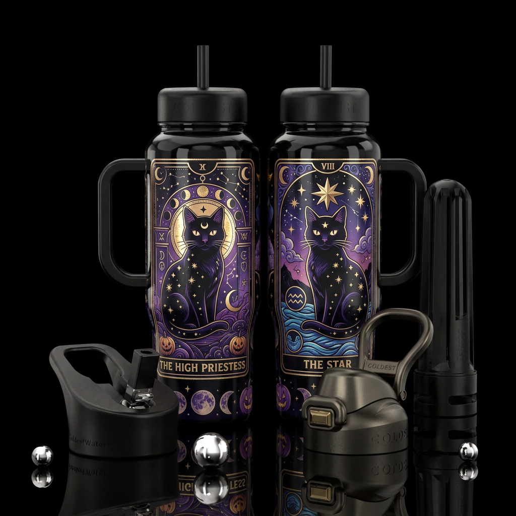 Black Cat Tarot Card water bottle design