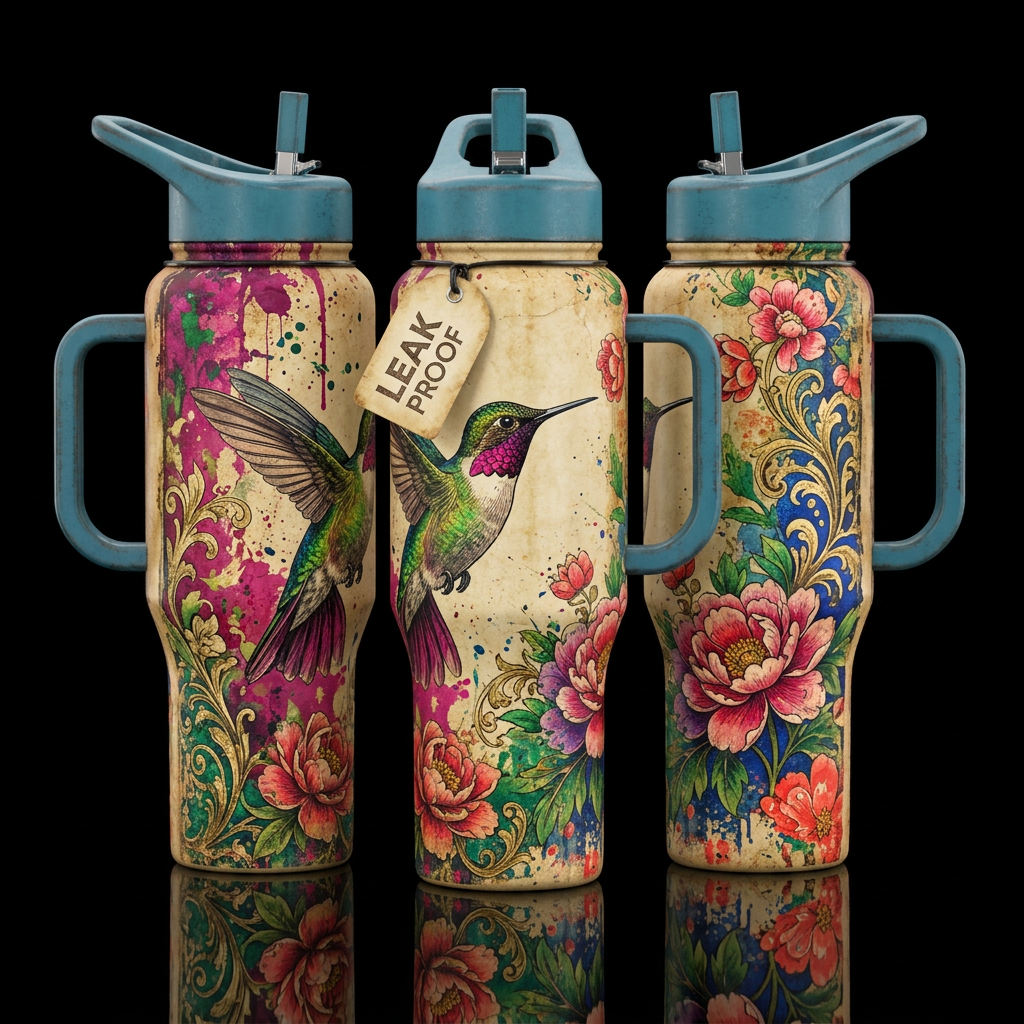 Vintage Grunge Hummingbird water bottle design