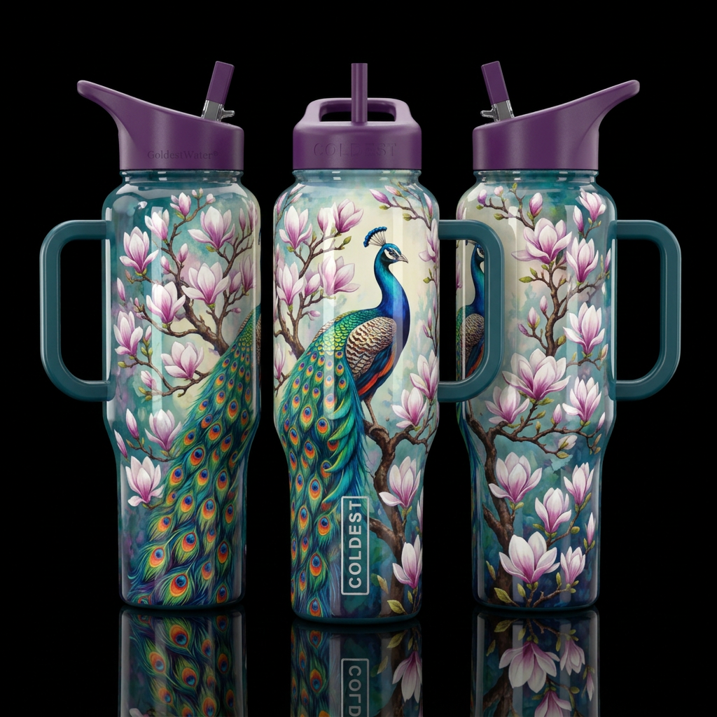 Peacock in magnolia tree water bottle design