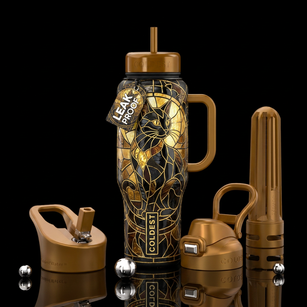 Golden Black Cat Mosaic water bottle design