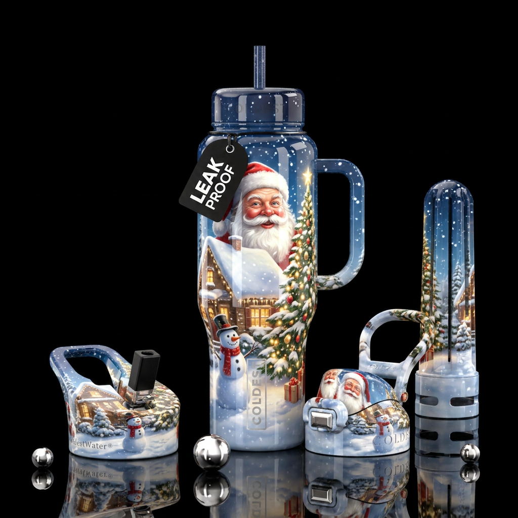 Santa Claus face looking over a home, glossy, snow... water bottle design