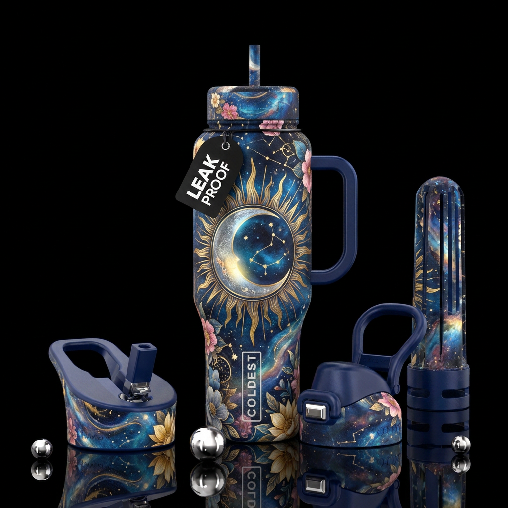 Sun and moon tapestry, flowers, radiance, universa... water bottle design