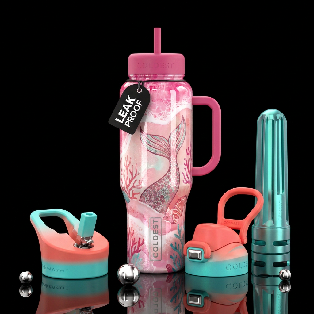 Mermaid Tail on Pink Beach water bottle design