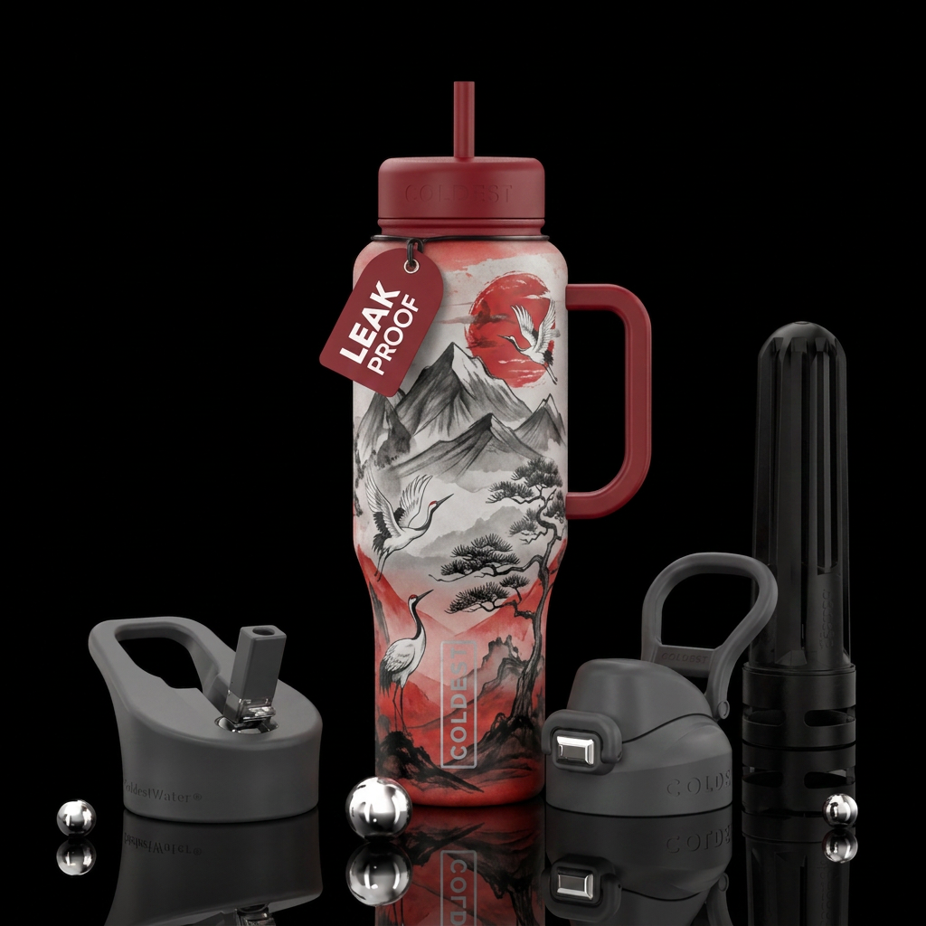 White background, charcoal, Elegant Japanese lands... water bottle design