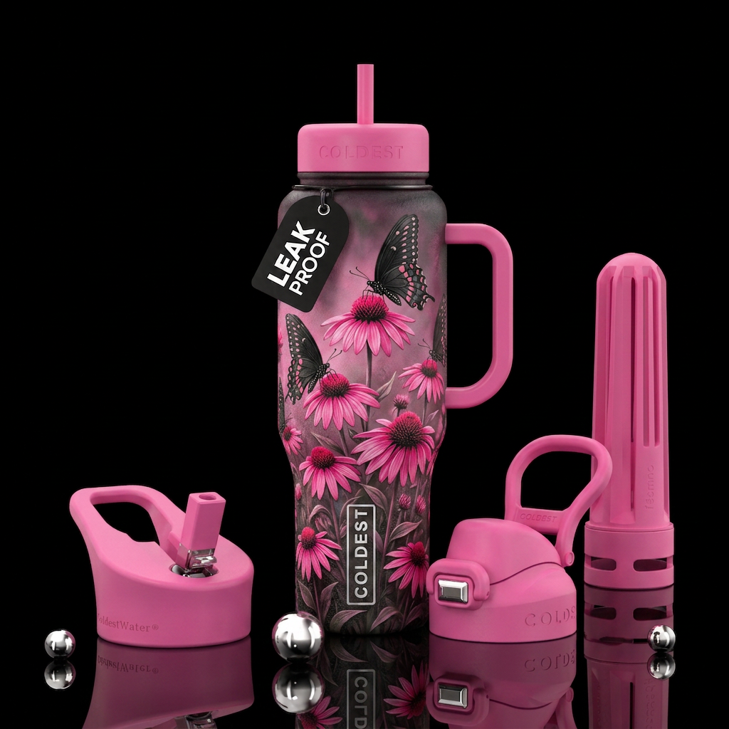 Black swallowtail, on pink cone flowers, garden, d... water bottle design
