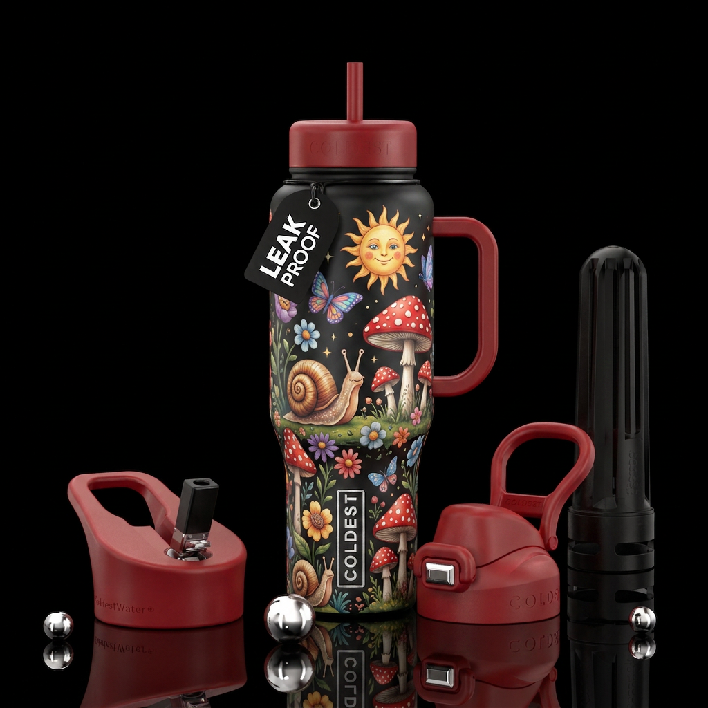 Whimsical snail, red and white spot mushroom, sun,... water bottle design