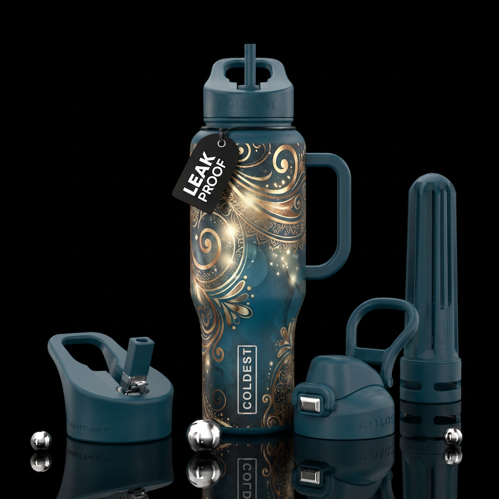 Dark teal blue bottle, gold and bronze vintage boh... water bottle design