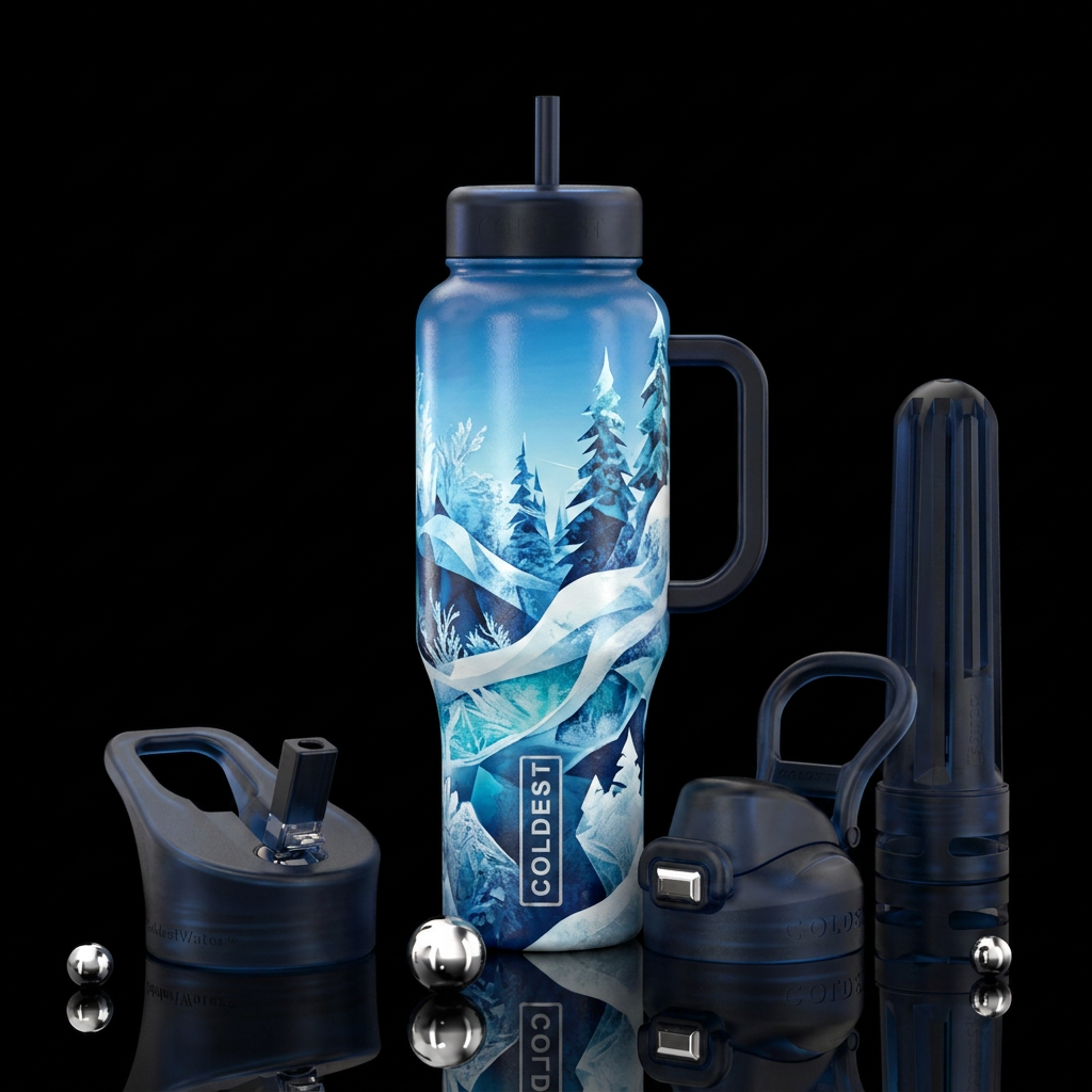Outdoor winter scene, frozen, cold, blue and white... water bottle design