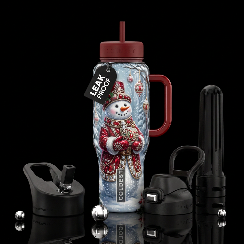 Bling Snowman dressed in red, forest behind, snow,... water bottle design