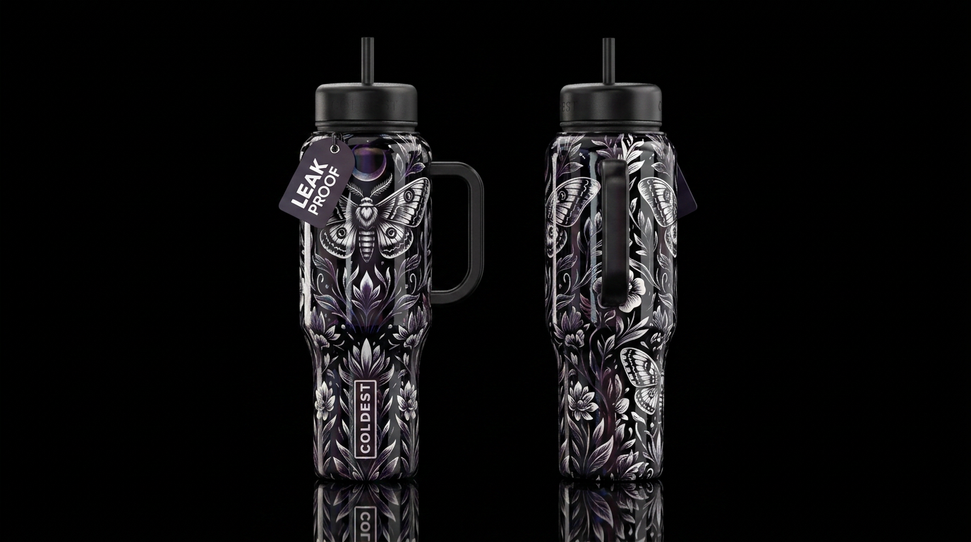 Black and white gothic moth with florals, botanica... water bottle design