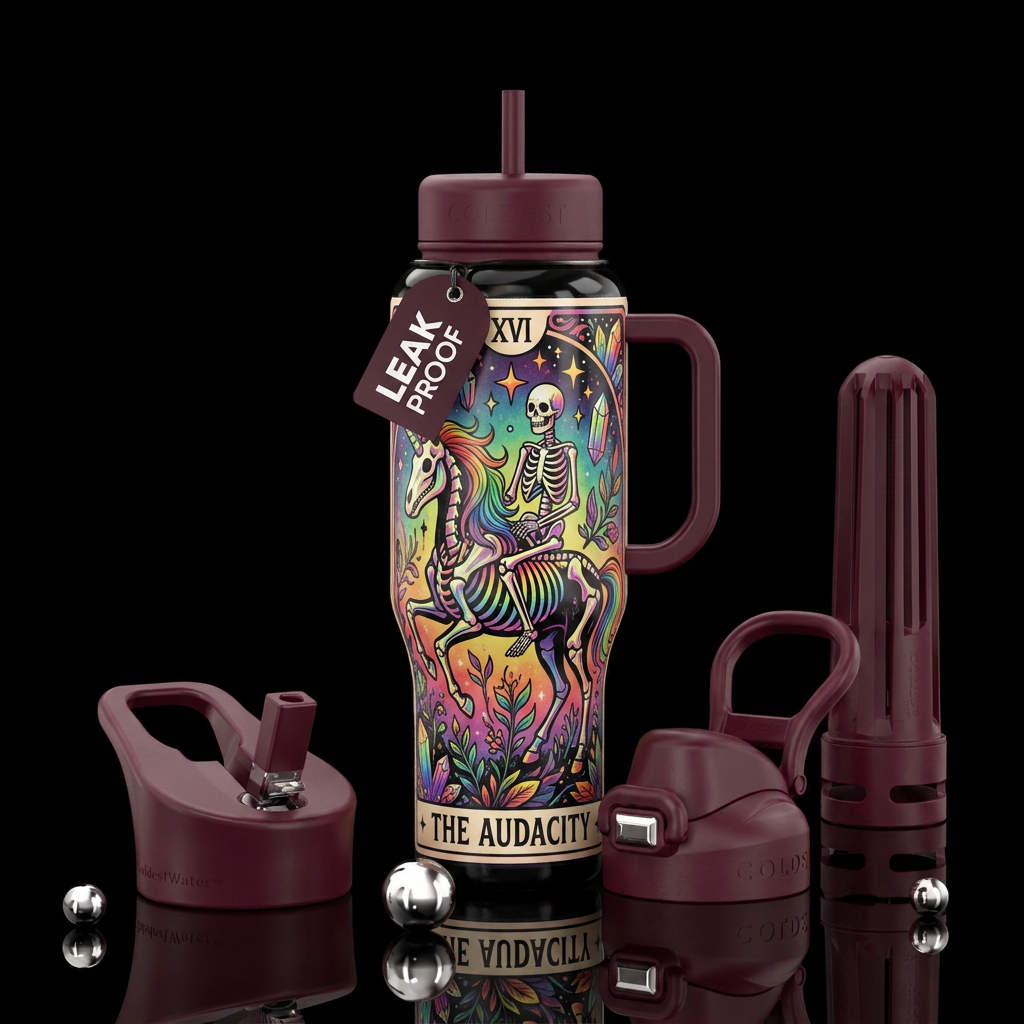 The Audacity Tarot Card, rainbow, colorful, skelet... water bottle design