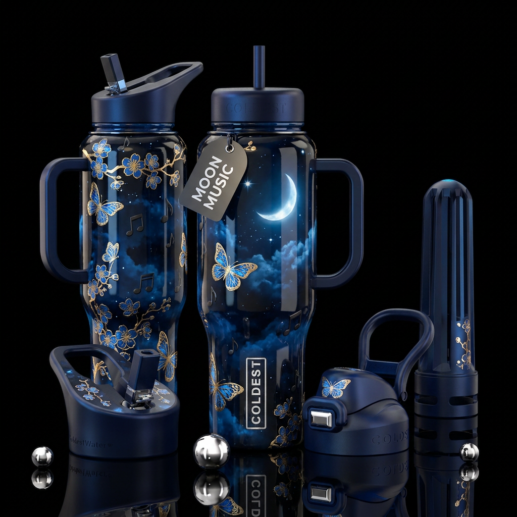 Moon Music, butterflies, cherry blossoms, black mu... water bottle design