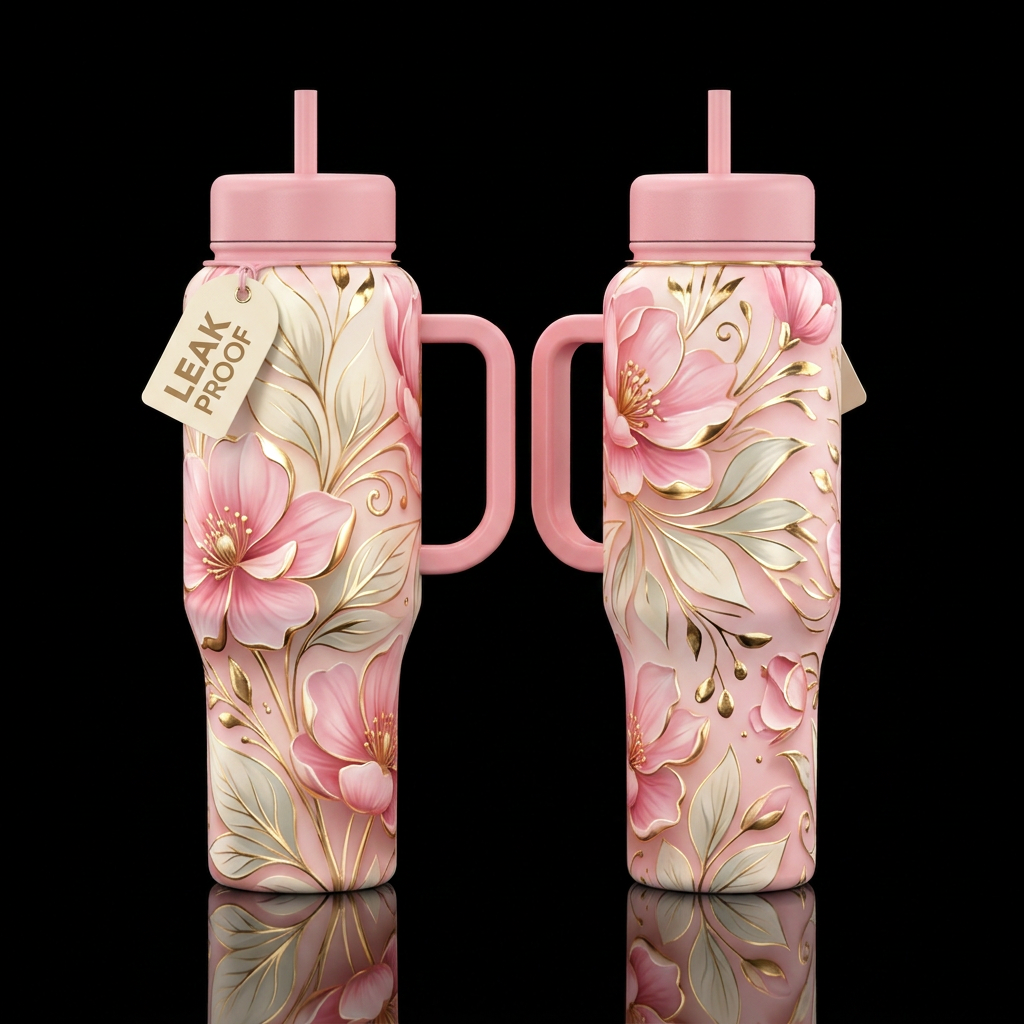 Pink Floral, soft blossoms, Cole’s of cream and li... water bottle design