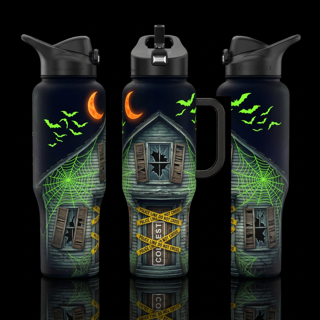 Haunted House, broken shutters, crime tape over fr... water bottle design