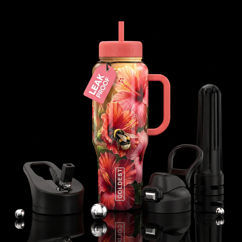 Large hibiscus opened to show stamen, bumble bee i... water bottle design