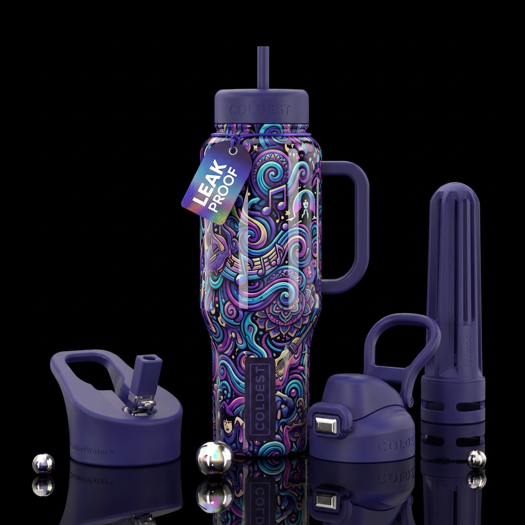Magical Mystery Tour, psychedelic, musical, bright... water bottle design