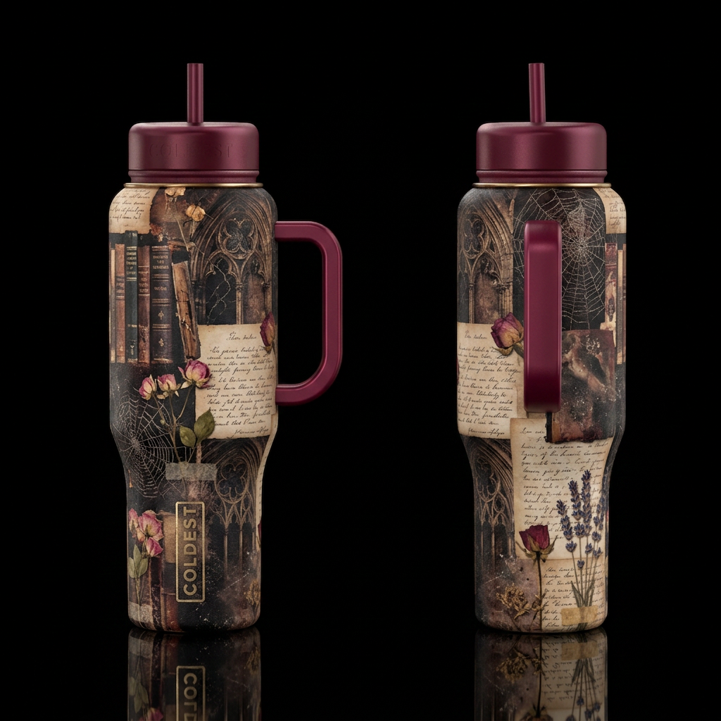 Academia Collage, vintage, books, no spider, no la... water bottle design