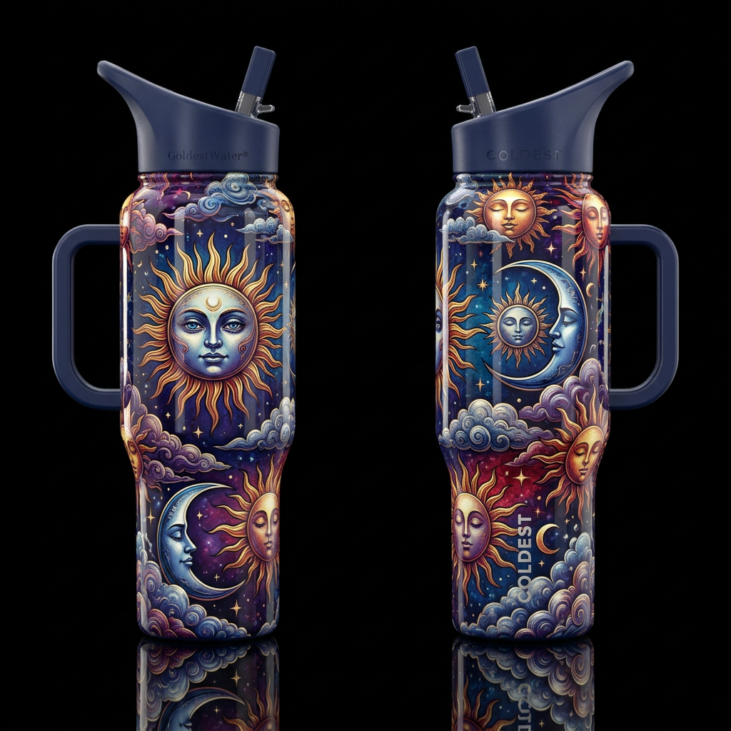 Mystical suns and moons water bottle design