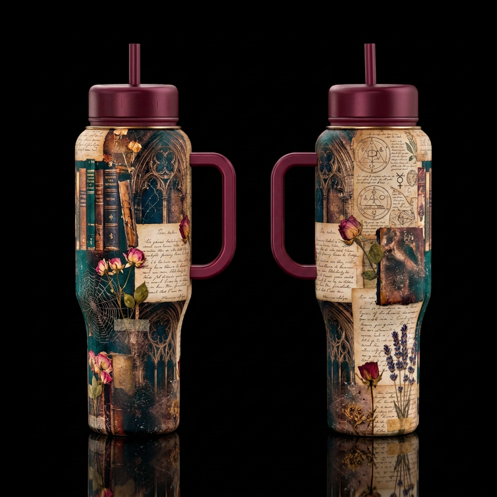 Academia Collage, vintage, books, glossy, no spide... water bottle design