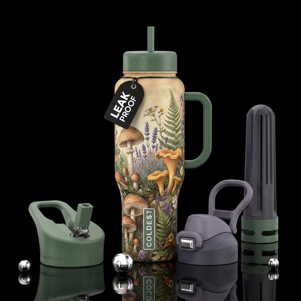 Realistic, Vintage mushroom and lavendar forest, a... water bottle design