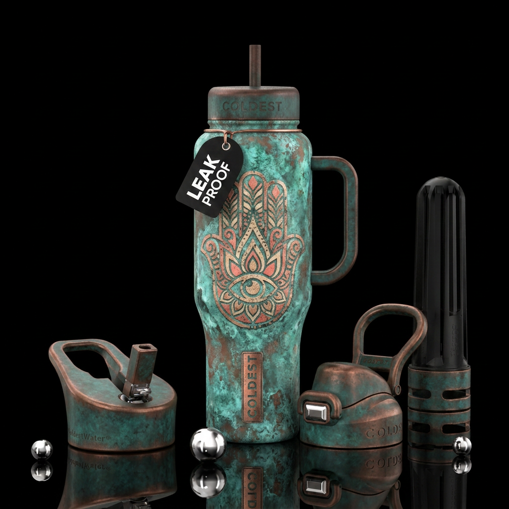 Vintage bohemian hamsa, no words, hamsa is texture... water bottle design