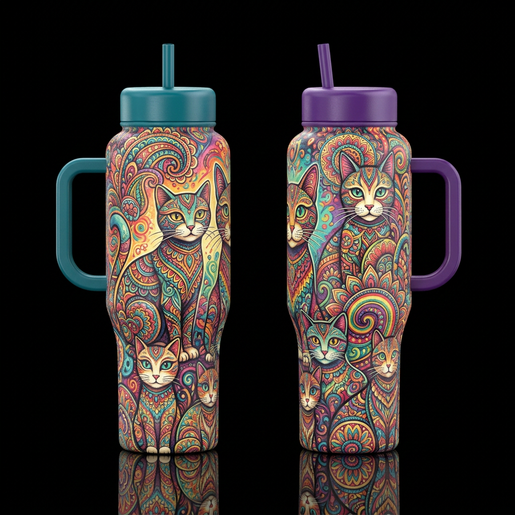 Living in a whiskered technicolour dream water bottle design