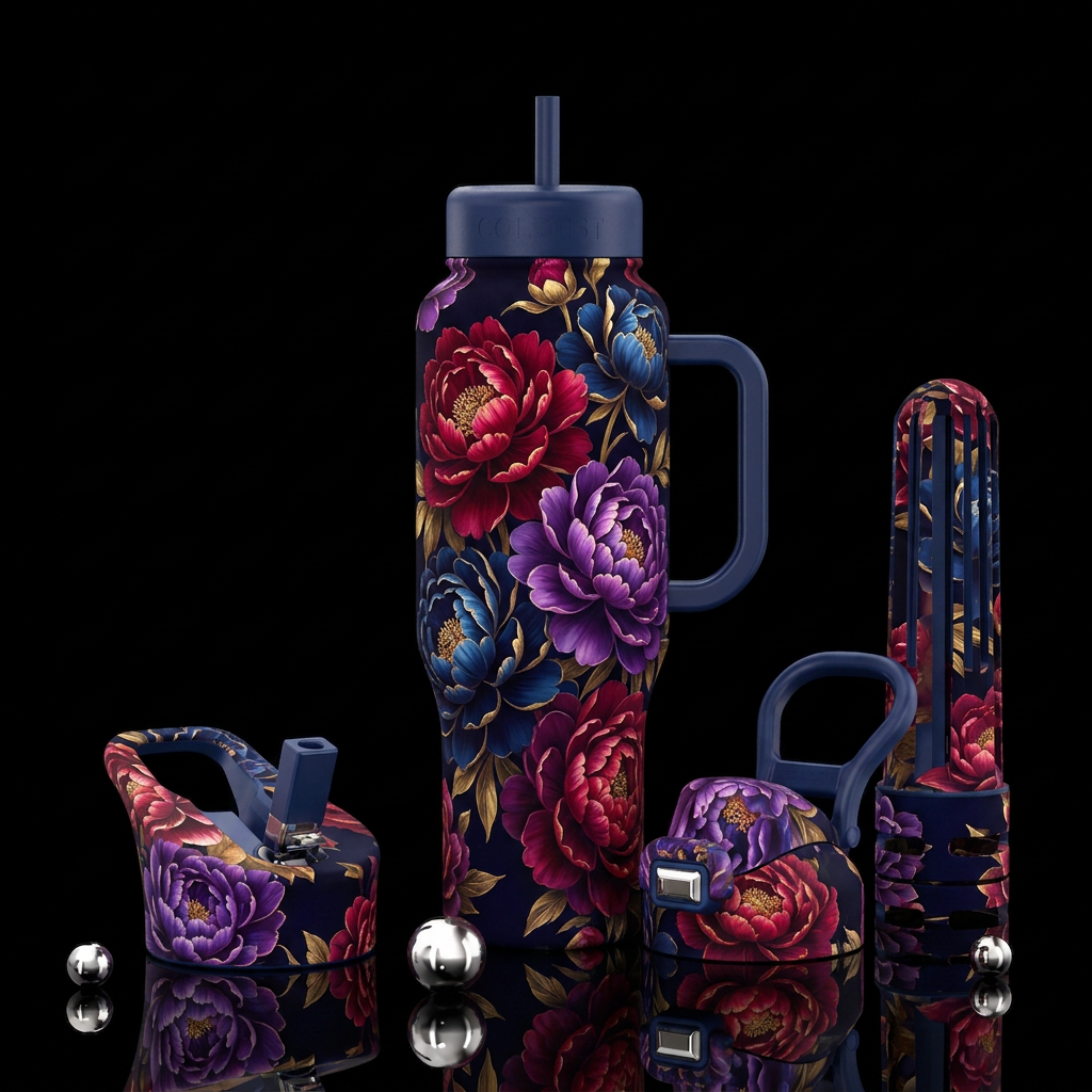 Midnight Peonies, full bloom, glossy, large 3D flo... water bottle design